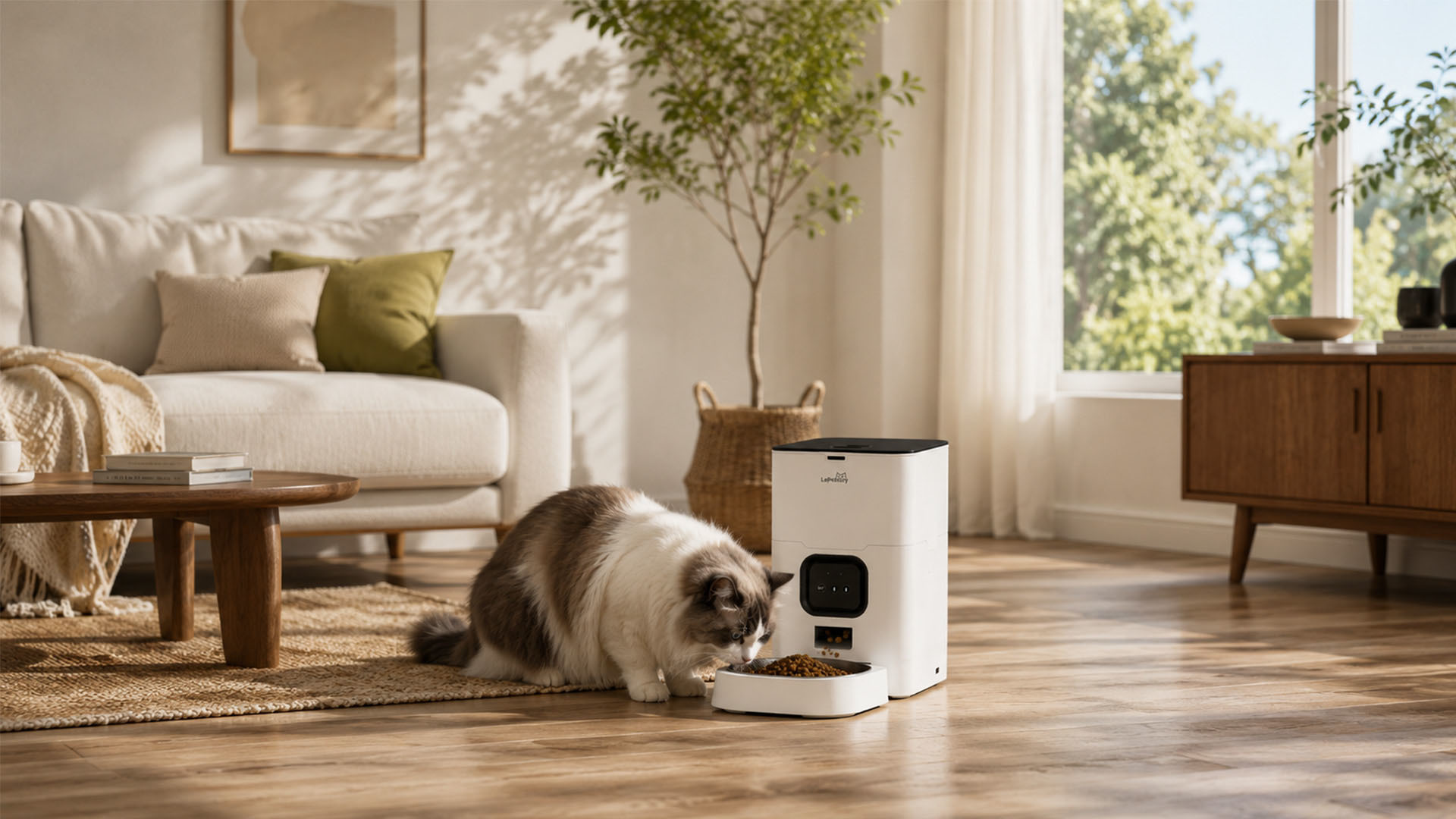 Cat using a smart automatic feeder in a bright modern living room